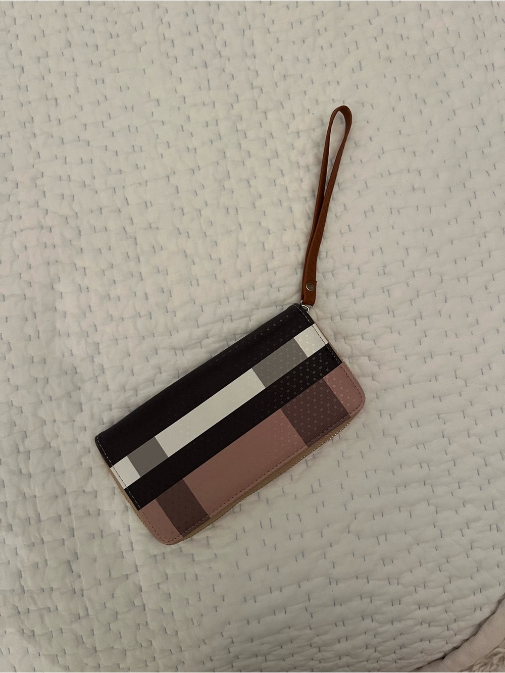 Striped Colorblock Wristlet Wallet in Black, Gray, and Tan
